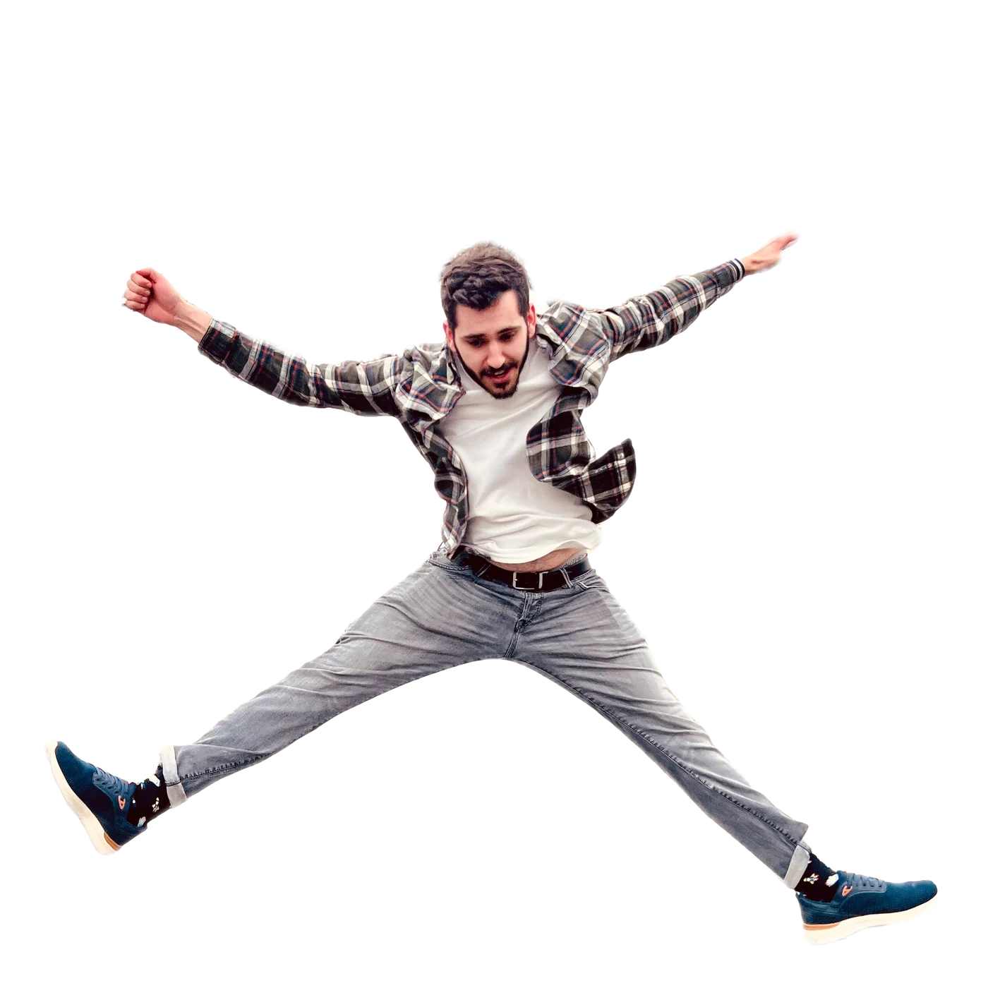 Segev Hochberg mid-jump in Paris, arms and legs out wide